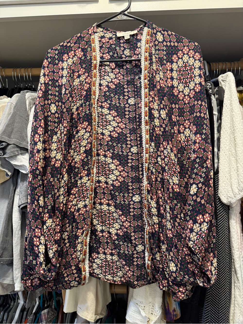 Umgee Navy Floral Open Kimono with Pink & Cream Flowers